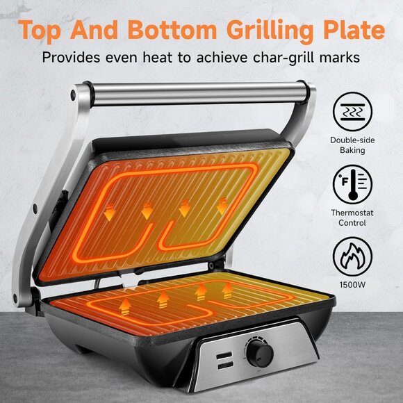 SUSTEAS Electric Panini Grill Non-Stick Plates 180° Open Floating Hinge SL-107A - Picture 2 of 10